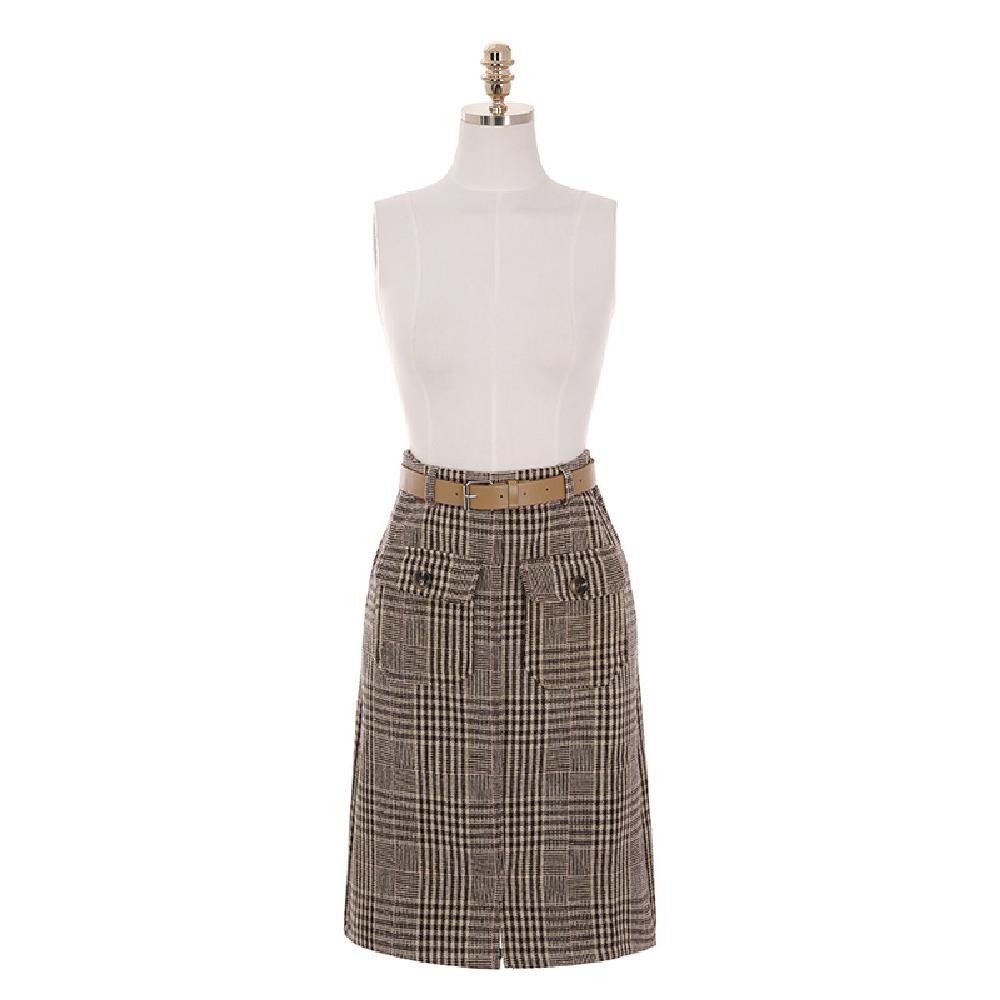 op4006 Belt construction Polar neck knit and check pattern skirt set two piece set
