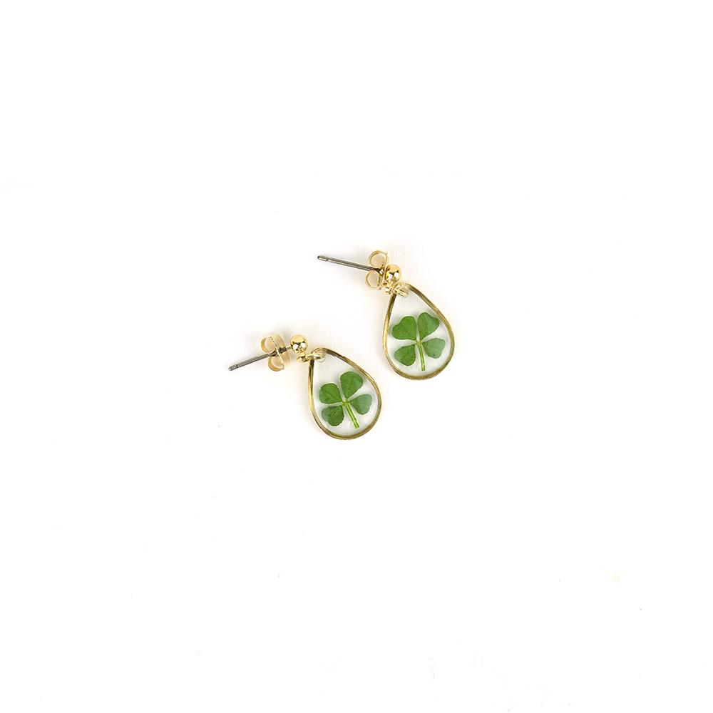 Resin Craft Earring with Four Leaf Clover Dangle Real Lucky Clover Ear Rings - Water Drop Type