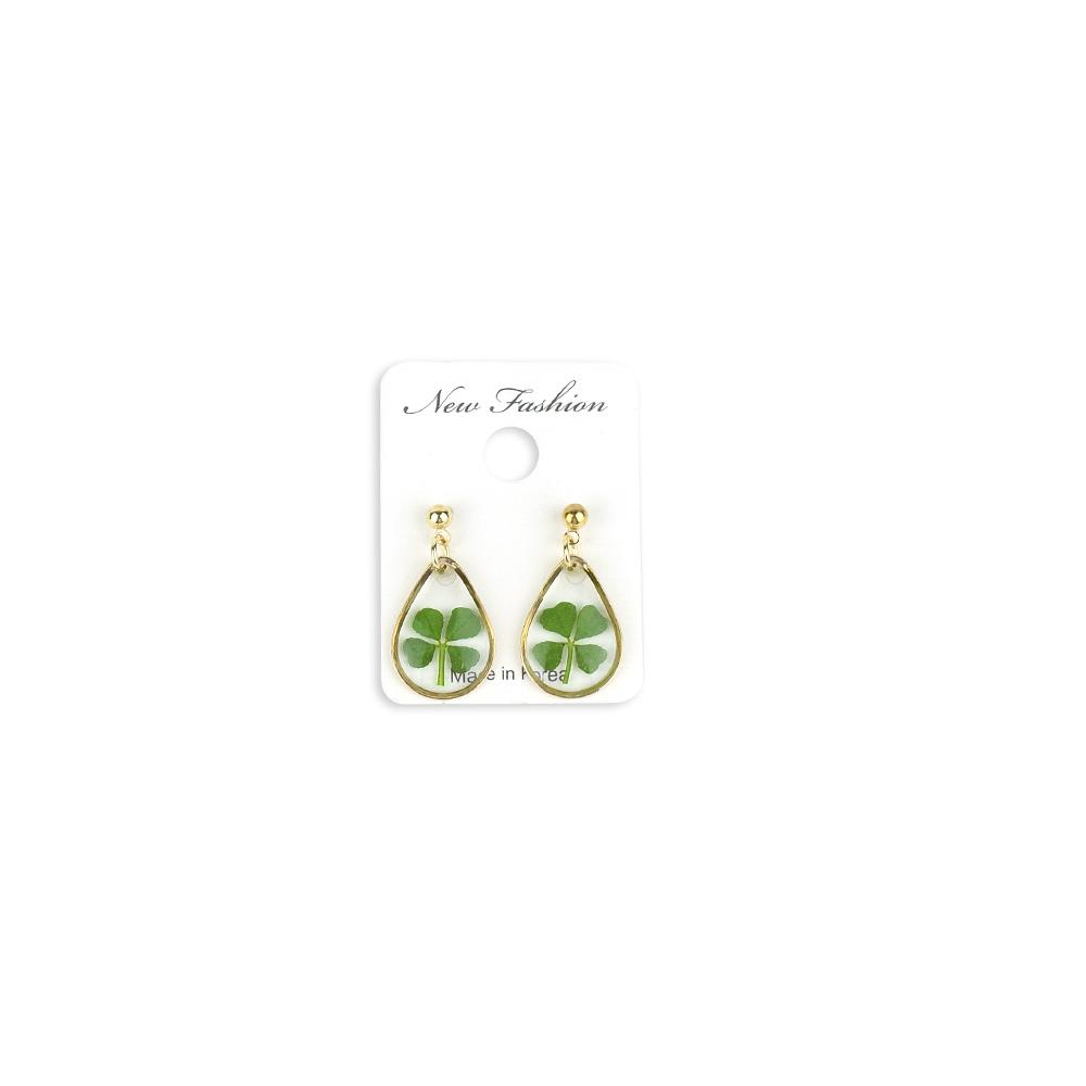 Resin Craft Earring with Four Leaf Clover Dangle Real Lucky Clover Ear Rings - Water Drop Type