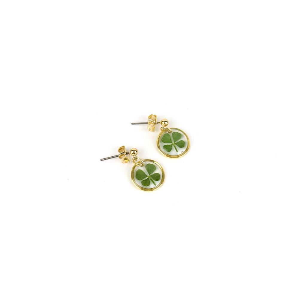 Resin Craft Earring with Four Leaf Clover Dangle Real Lucky Clover Ear Rings - Round Type