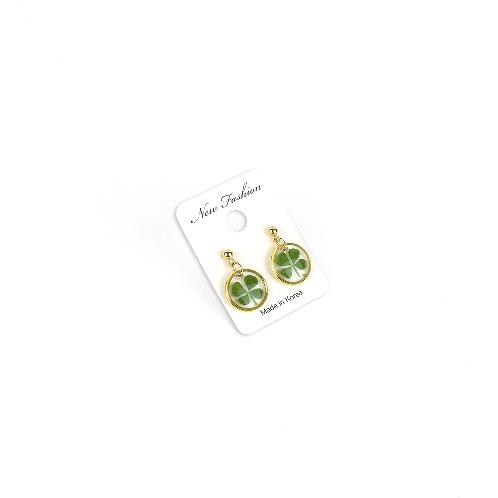Resin Craft Earring with Four Leaf Clover Dangle Real Lucky Clover Ear Rings - Round Type