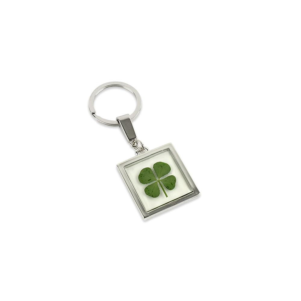 Clover Keyring - Fancy Resin Craft Art Pressed Real Four Leaf Clover Key Chain - Square Shape