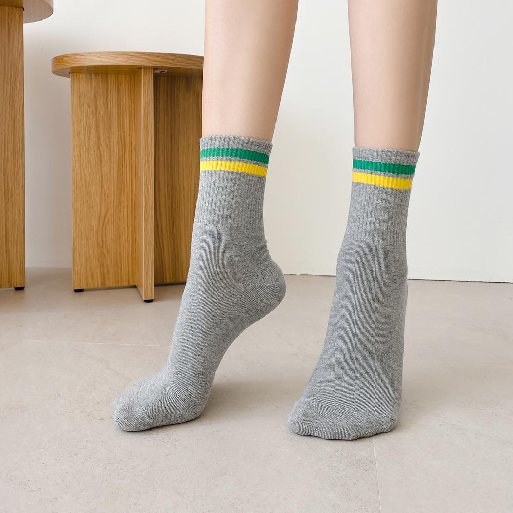 [MK SOCKS] Cotton 3-color  (2 black + 2 white + 2 grey) 2-Sttripe Athletic Sports Socks