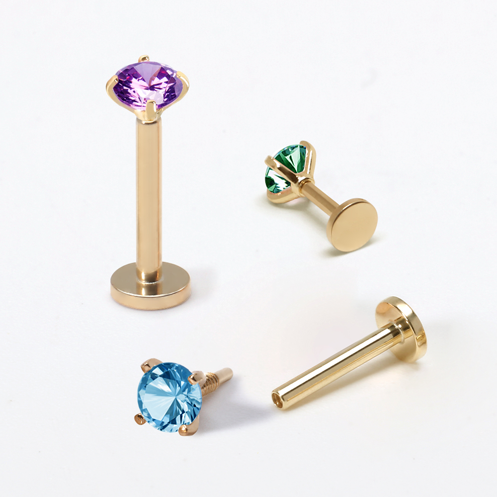 GOLD CZ 4PRONG HEAD / HEART INTERNAL THREAD BODY PIERCING & EARRING